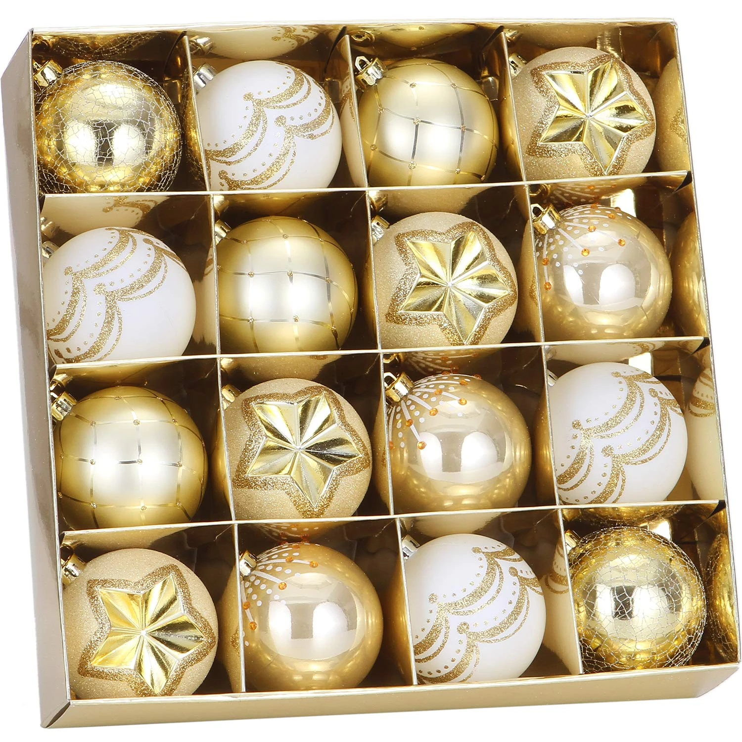 Sea Team 80mm/3.15" Delicate Contrast Color Theme Painting & Glittering Christmas Tree Pendants Decorative Hanging Christmas Baubles Balls Ornaments Set - 16 Pieces (Gold & White)