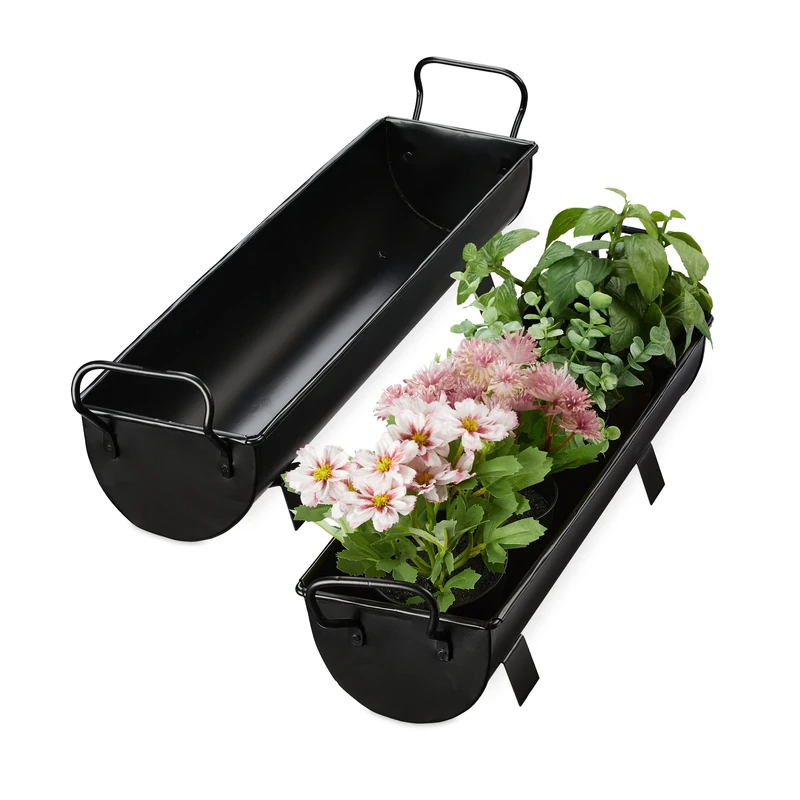 Relaxdays Window Box Gutter, Planter Garden & indoors, Set Of 2 Metal Tubs For Plants, Zinc Look, Black