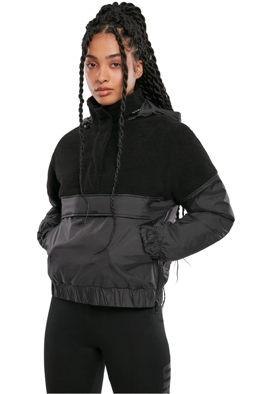 Urban Classics Women's Sherpa Mix Pull Over Jacket, Black/Black, 3XL