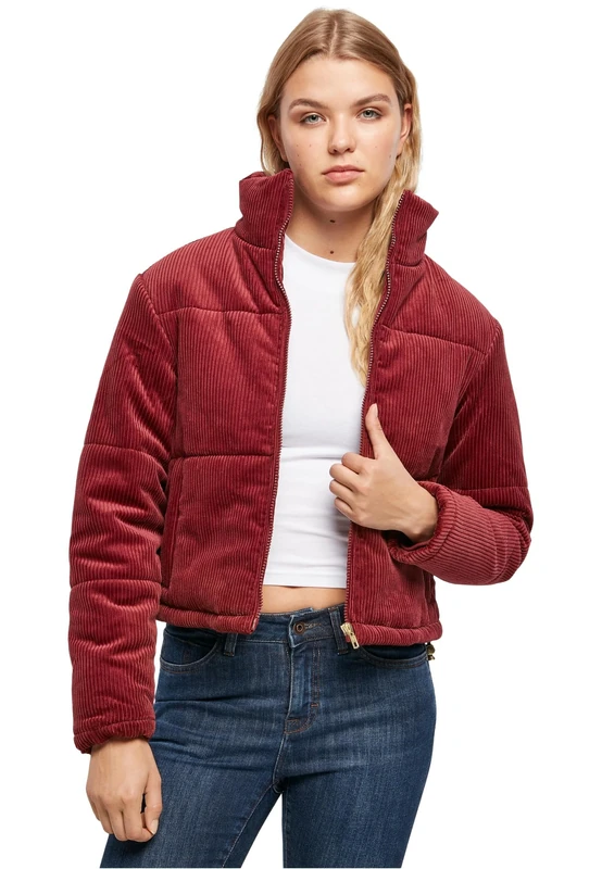 Urban Classics Women's Winter Corduroy Puffer Jacket with Stand-Up Collar, Short Cut, Art Down Jacket, Size XS to 5XL, burgundy, XS