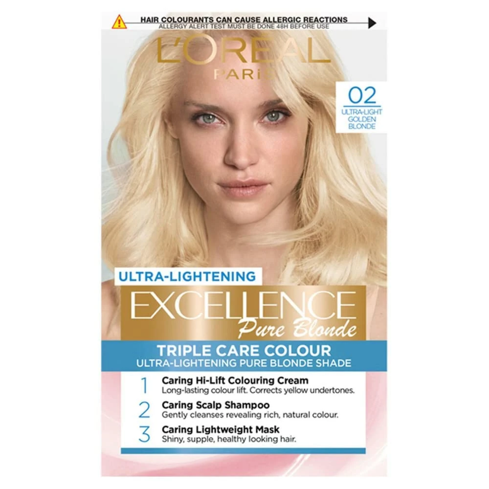 L'Oréal Paris Excellence Crème Permanent Hair Dye, Radiant At-Home Hair Colour with up to 100% Grey Coverage, Pro-Keratin, Up to 8 Weeks of Colour, Colour: 02 Ultra-Light Golden Blonde