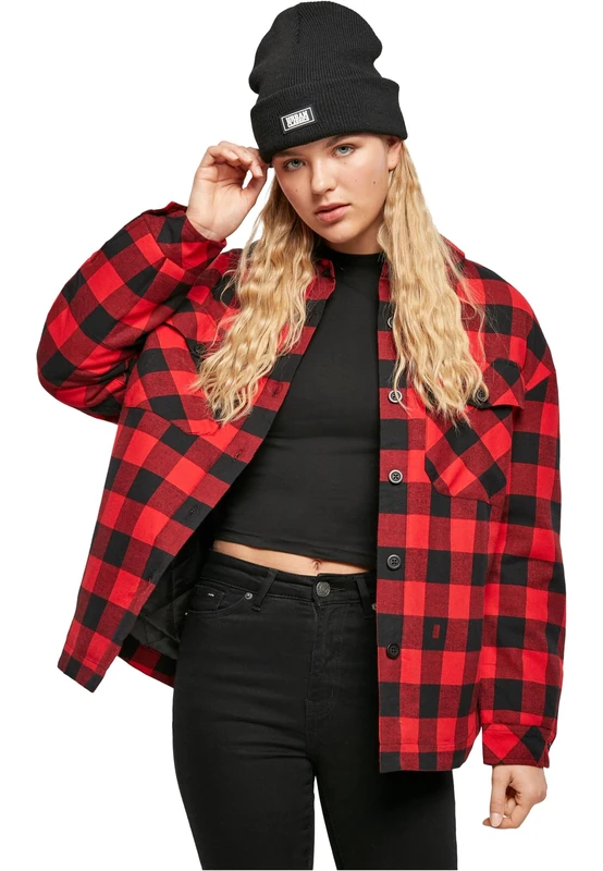 Urban Classics Women's Ladies Flanell Padded Overshirt Jackets, Black/red, XS