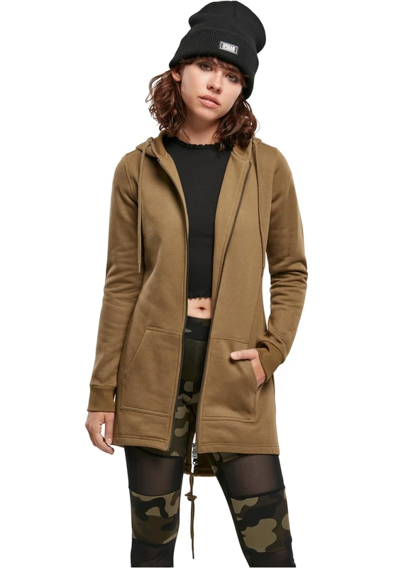 URBAN CLASSICS Women's Long Hoodie Parka, Long Jumper with Drawstring Zip, Long Sleeves Jumper with Large Pockets & Elasticated Cuffs, Long Cardigan with Hoodie, Colour: Summerolive, Size: X-Small