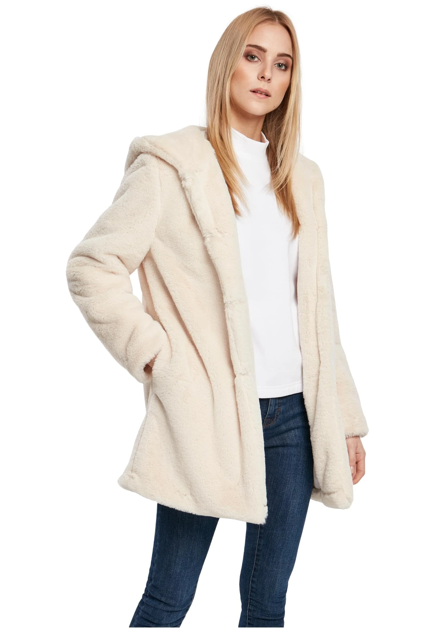 Urban Classics Women's Teddyjacke Plüsch Mantel aus Fleece-Ladies Hooded Teddy Coat Faux Fur, White, XS