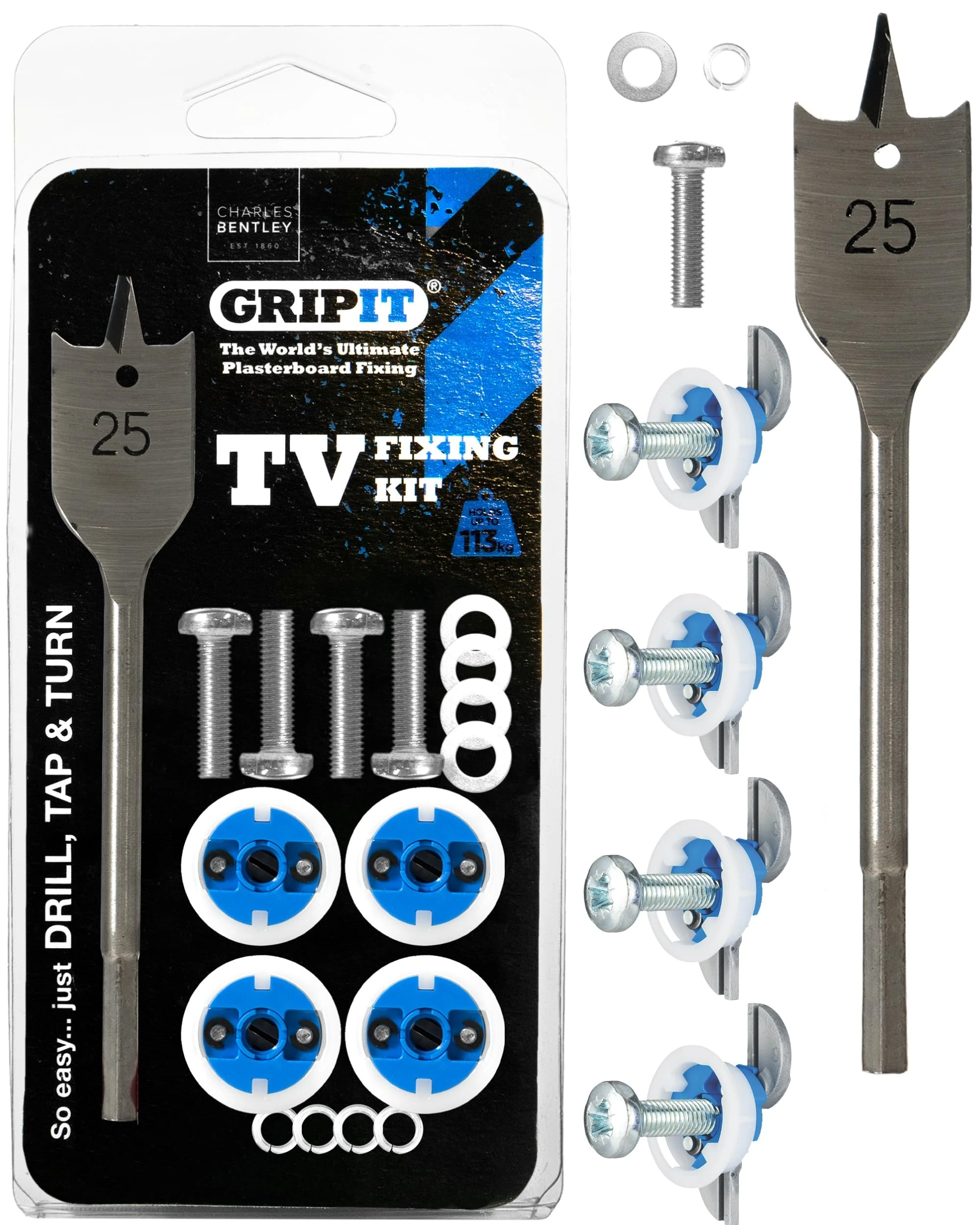 Gripit Blue Heavy-Duty Plasterboard Fixings - TV Mounting Kit - Pack of 4 - Holds Up to 113kg - Reusable Drywall Anchor for TVs, Stud Walls, Kitchen Cupboards & Boilers – UK Designed