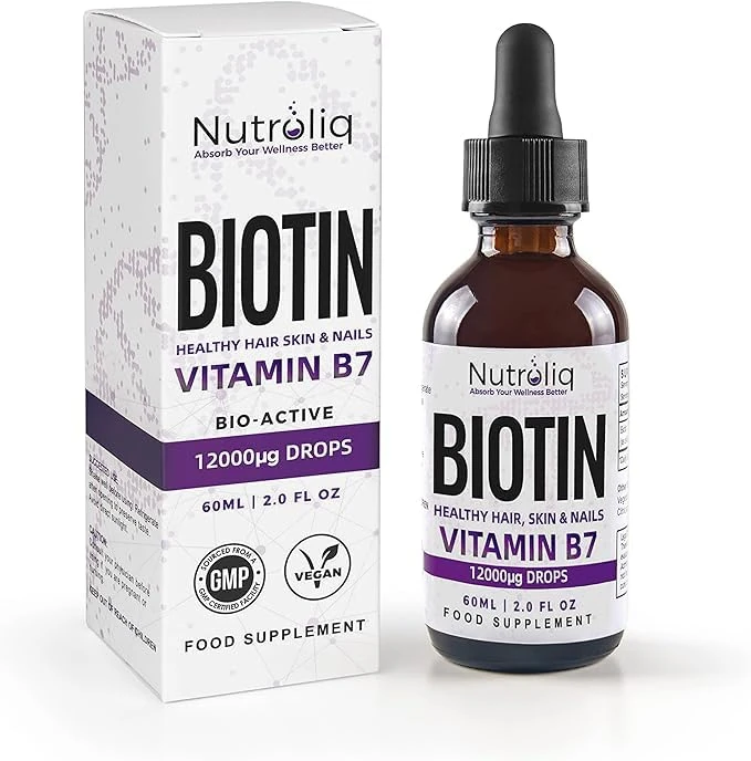 Nutroliq Biotin Liquid Drops - Vegan Vitamin B7 Dietary Supplement for Hair, Nail & Skin Health - Pure 12000mcg Biotin Drops for Hair Growth - Extra Strength Berry-Flavoured Vitamin H Serum - 60 ml