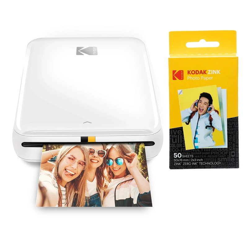 KODAK Step Instant Printer | Bluetooth/NFC Wireless Photo Printer with ZINK Technology & KODAK App for iOS & Android (White) Prints 2x3 Inch Sticky-Back Photos + Kodak Zink Photo Paper - Pack of 50
