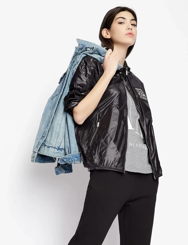 Armani Exchange Women's Zip Up Icon Blouson Jacket Windbreaker, Black, XS