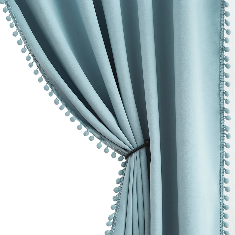 TREATMENTEX Pom-Pom Blue Curtains Living Room 84 inches Energy Efficient Thermal Insulated Room Darkening Curtain Panels for Bedroom Window Draperies Nursery Room Children 50in w x2 Panels Rod Pocket