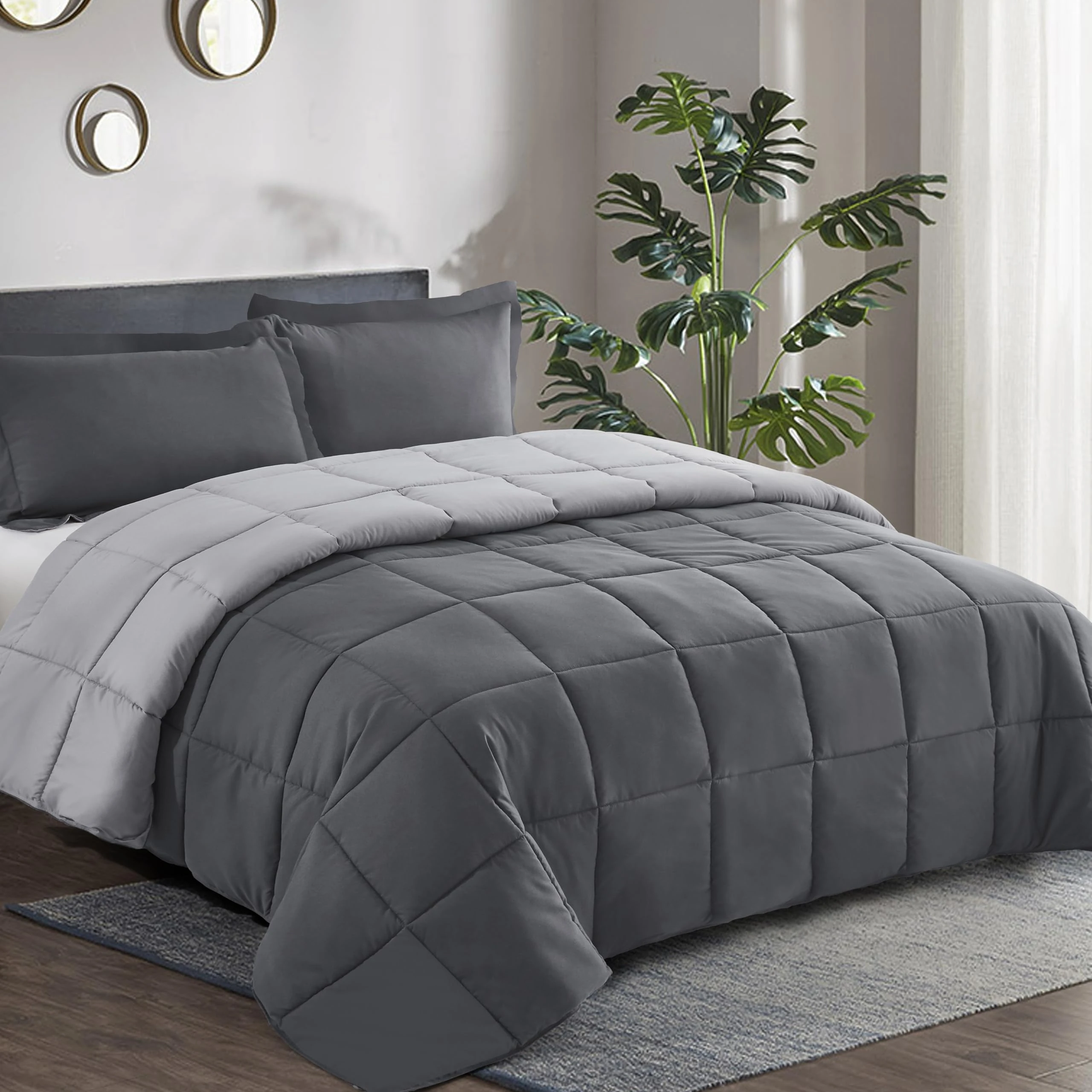 HIG 2 Piece Gray Coverless Duvet Single 135cm x 200cm - Baffle Box Design - 10.5 Tog Down Alternative Reversible Comforter Set with 1 Sham - Corner Duvet Tabs - Machine Washable, Warm, Soft, Fluffy