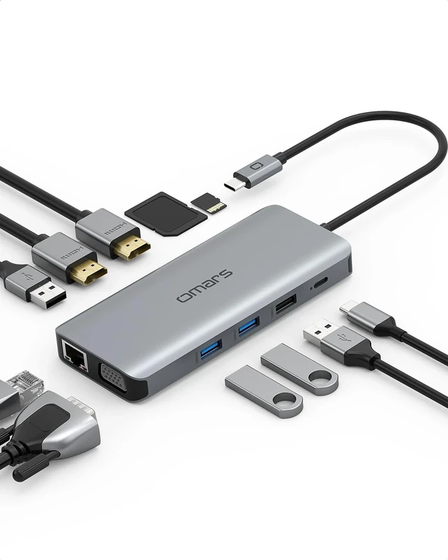 Omars Docking Station Dual Monitor, 11 in 1 USB C Hub Triple Display Multiport Adapter, USB C to Dual HDMI Adapter with 4K+VGA+Ethernet+100W Type C PD+4USB+Data for Dell/Surface/HP/Lenovo Laptop