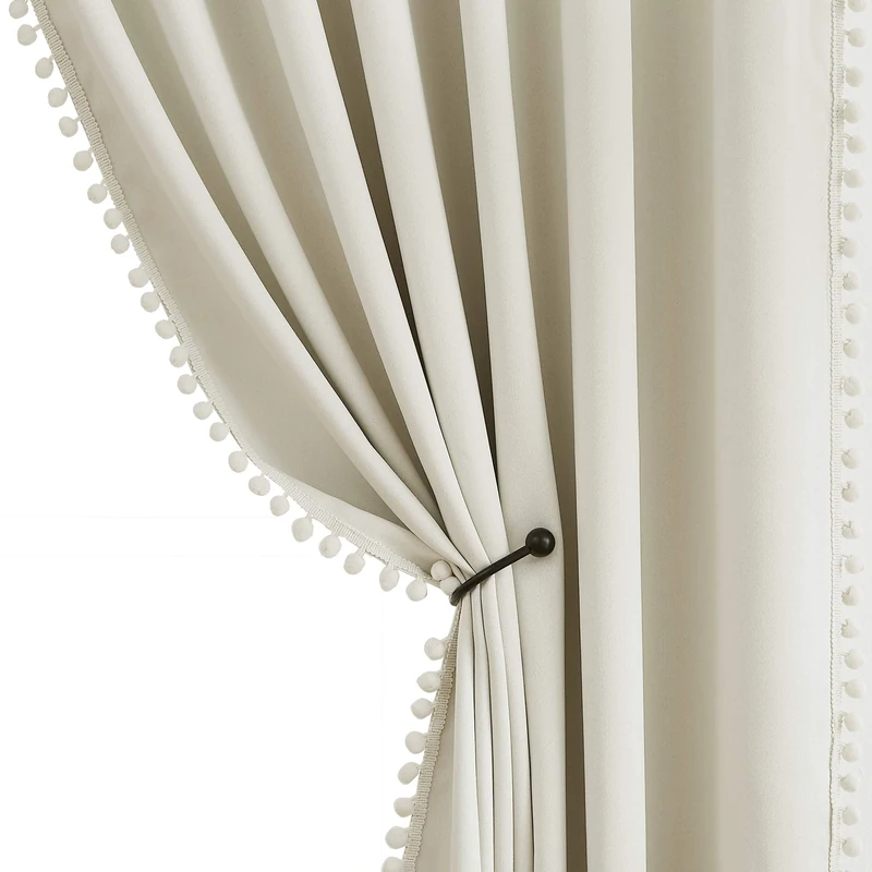 Pom Pom Curtains for Bedroom Windows 84 inch Energy Efficient Thermal Insulated Living Room Darkening Curtain Panels for Kitchen Nursery Room Ivory 52" w x2 Panels Rod Pocket