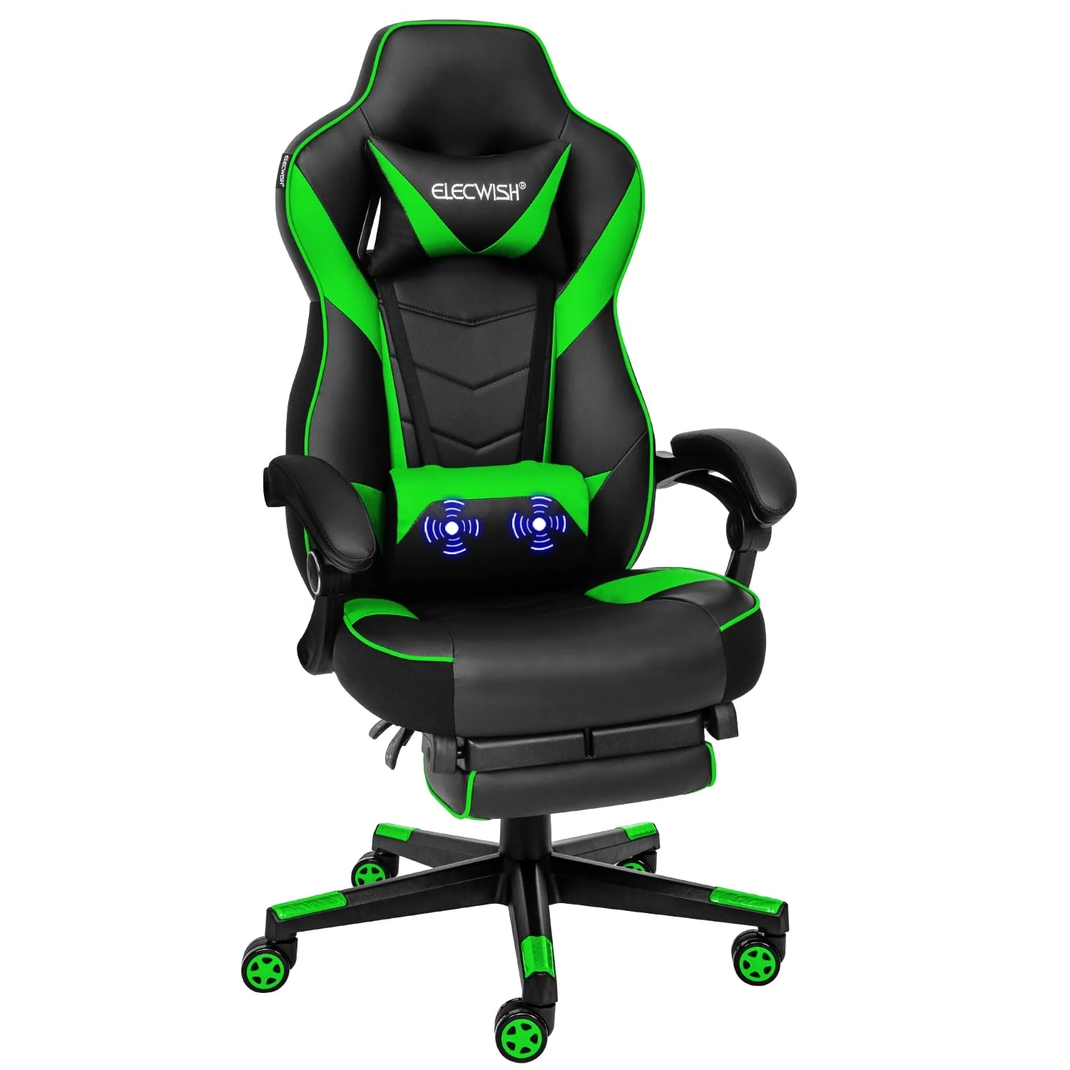 Fullwatt Racing Gaming Chair for adults with Footrest and Massage Lumbar Pillow, Swivel Height Adjustable Reclining PU Leather Video Game Chair, E-Sports Gaming Chair Big and Tall(Green)