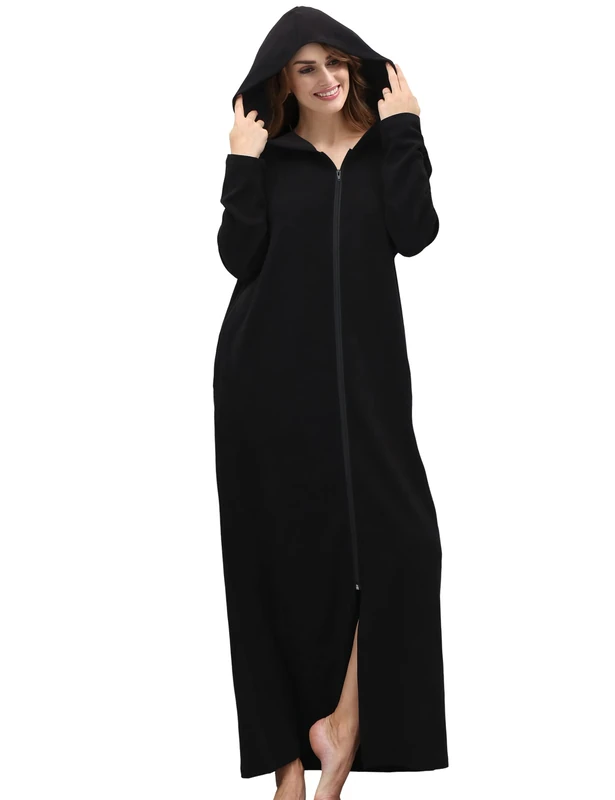 COLORFULLEAF Womens Fleece Dressing Gown with Hooded, Long-Length Zip Up Housecoat with Pockets oft Warm House Coat for Winter(Black,XL)