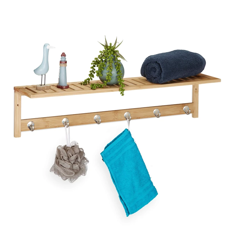 Relaxdays Towel Rack with 6 Hooks and Shelf, for Hallway, Kitchen & Bathroom, Modern, Bamboo, 18 x 75 x 16 cm, Natural