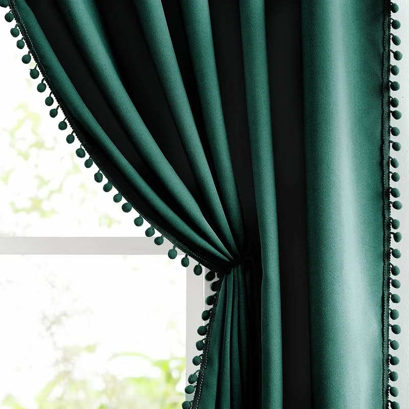 Treatmentex Green Blackout Curtains for Bedroom 84 inch Pom Pom Windows Drapes Cute Decorative Triple Weave Thermal Insulated Curtain Drapes for Nursery Room Studio Hotel 52" w x2 Panels Rod Pocket