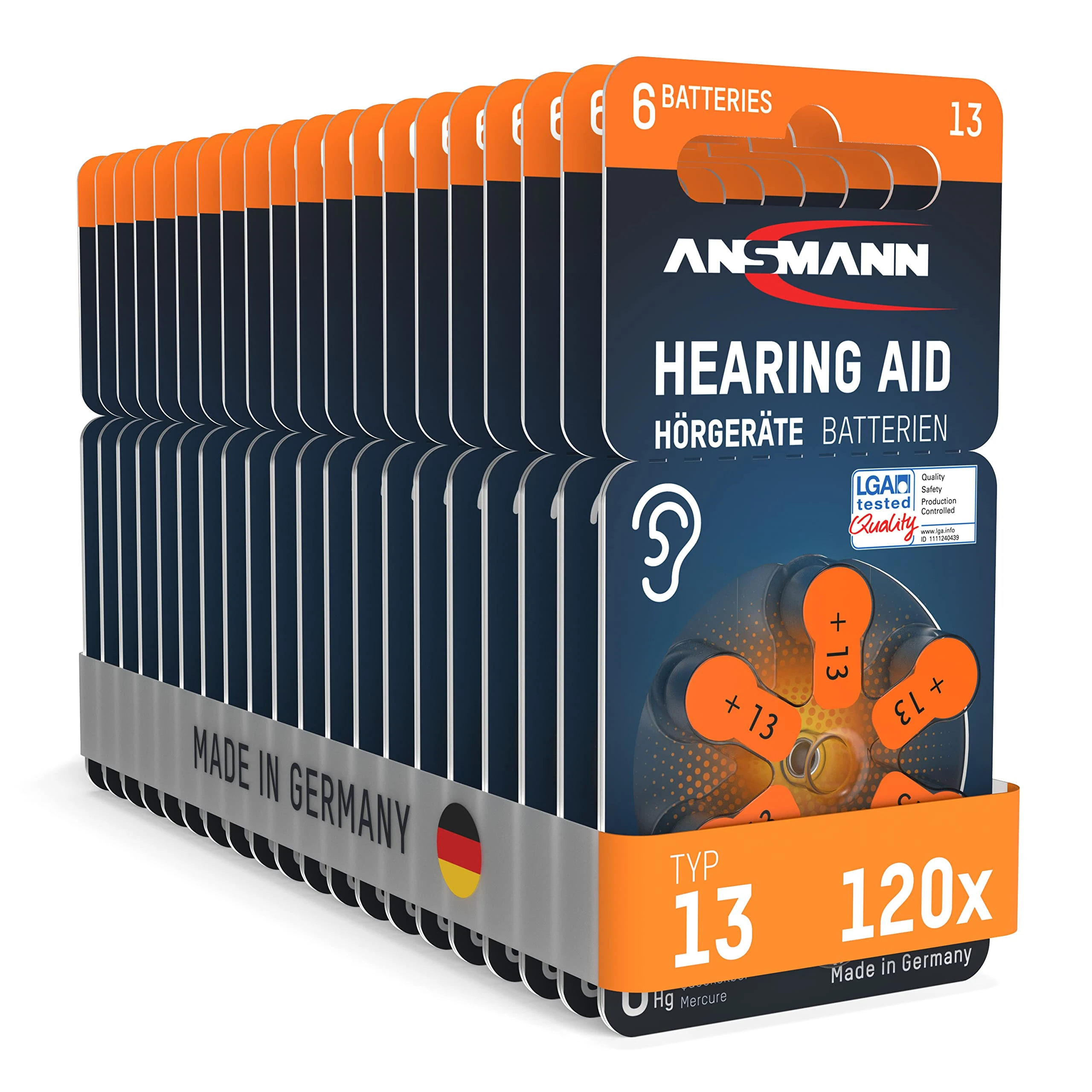 ANSMANN Hearing Aid Batteries Type 13 Orange P13 PR48 ZL2, Pack of 120, Made in Germany, Economy Pack, Batteries for Hearing Aids and Hearing Aids, Easy to Grip