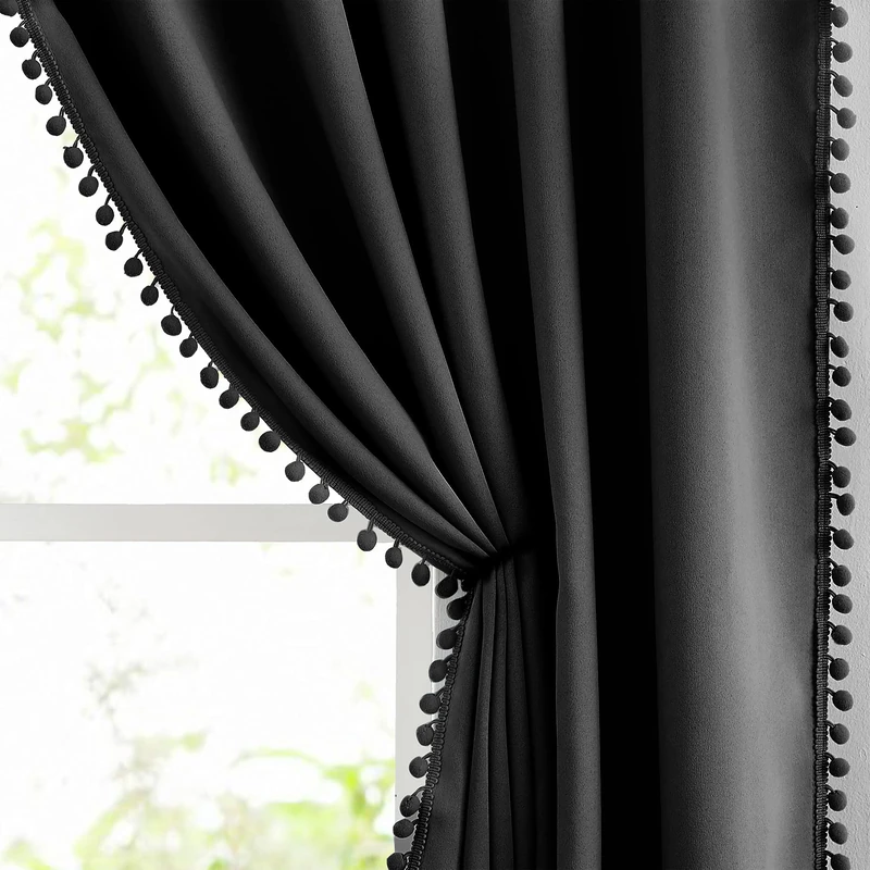 Pompom Blackout Curtains Bedroom Black 84 inch Windows Drapes Triple Weave Thermal Insulated Curtain Panels for Nursery Room Studio Hotel 50" w x2 Panels Rod Pocket