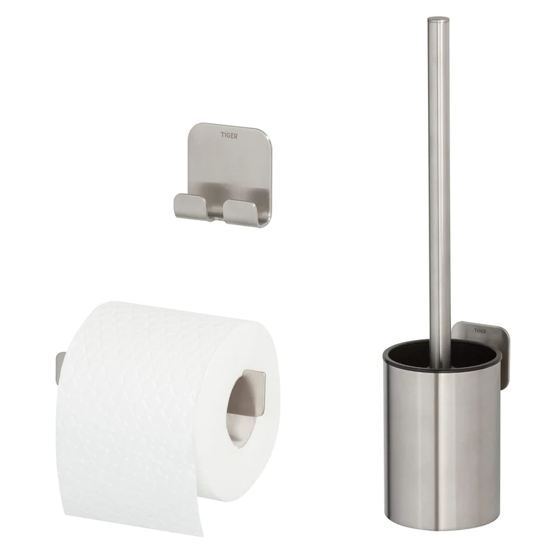 Tiger Colar Toilet accessories set - Toilet brush and holder - Toilet roll holder with shelf - Towel hook – Brushed stainless steel