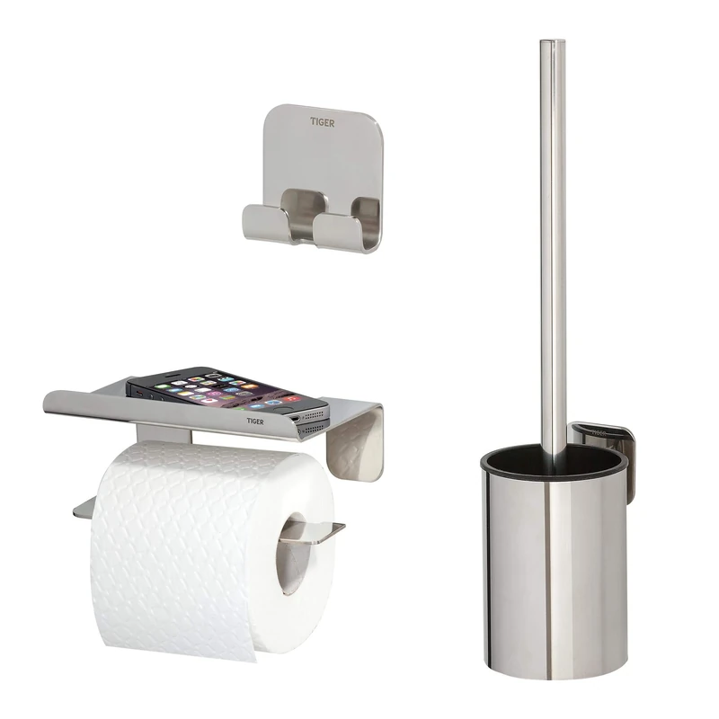 Tiger Colar Toilet accessories set - Toilet brush and holder - Toilet roll holder with shelf - Towel hook – Polished stainless steel