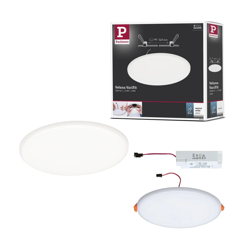 Paulmann 92392 LED Panel recessed luminaire Veluna VariFit IP44 Neutral White 185mm Round incl. 1x17.5 watt Ceiling luminaire Satin Ceiling lamp Plastic Living Room lamp 4000 K