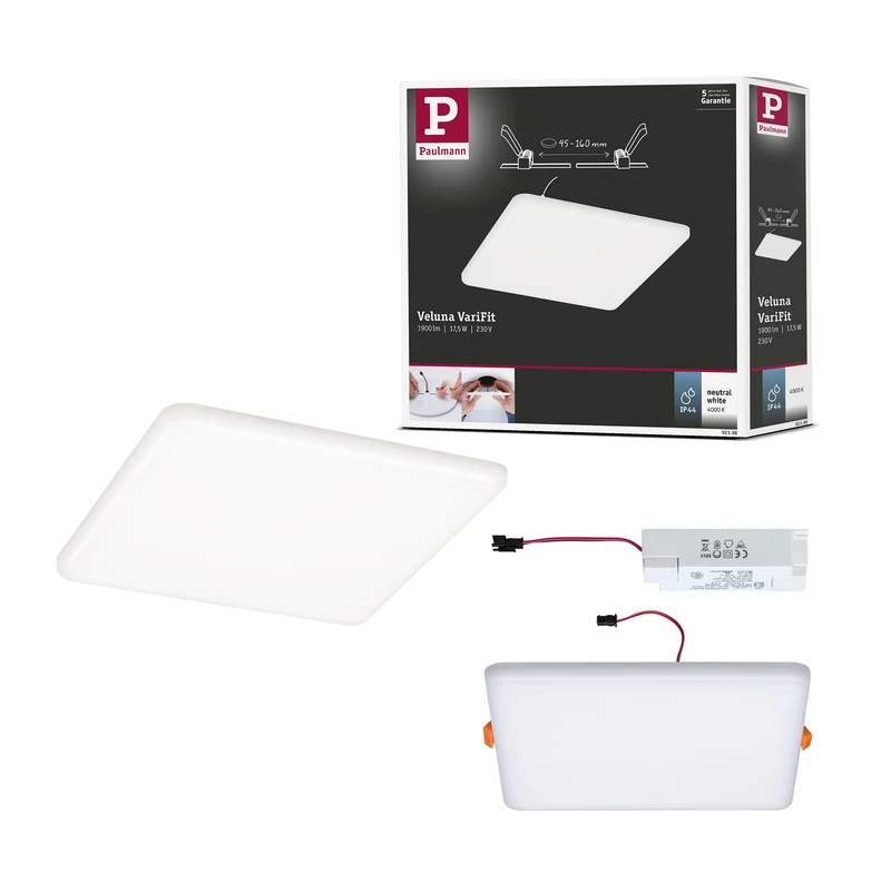 Paulmann 92398 LED Panel recessed luminaire Veluna VariFit IP44 Neutral White 185x185mm Rectangular incl. 1x17.5 watt Ceiling luminaire Satin Ceiling lamp Plastic Living Room lamp 4000 K
