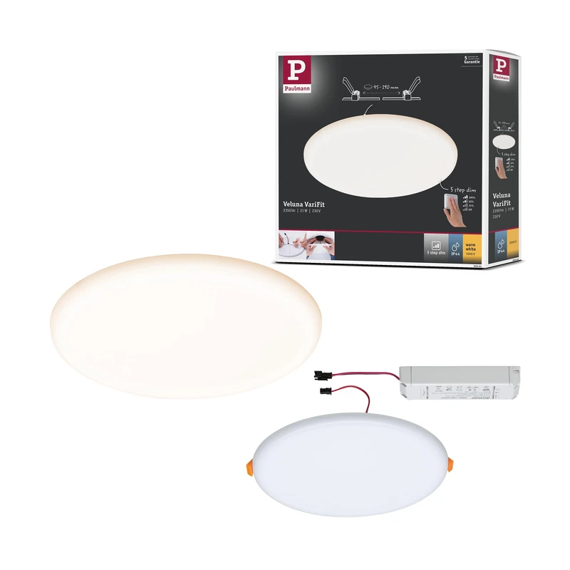 Paulmann 93064 Veluna VariFit LED Panel recessed luminaire IP44 3-Step dim 215mm Round incl. 1x21W Ceiling luminaire Satin Plastic 3000K