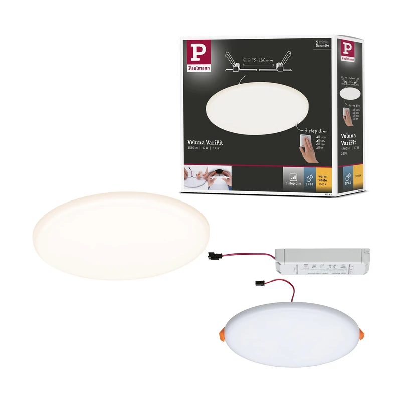 Paulmann 93063 Veluna VariFit LED Panel recessed luminaire IP44 3-Step dim 185mm Round incl. 1x17W Ceiling luminaire Satin Plastic 3000K
