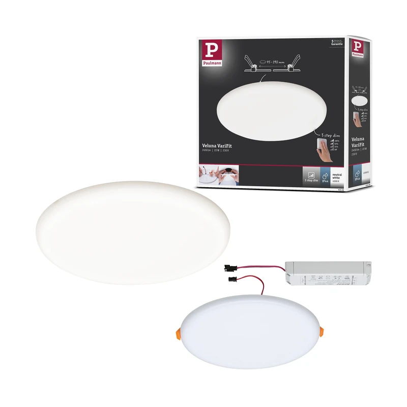 Paulmann 93068 Veluna VariFit LED Panel recessed luminaire IP44 3-Step dim 215mm Round incl. 1x22W Ceiling luminaire Satin Plastic 4000K