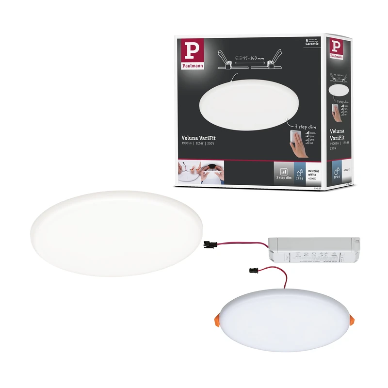 Paulmann 93067 Veluna VariFit LED Panel recessed luminaire IP44 3-Step dim 185mm Round incl. 1x17.5W Ceiling luminaire Satin Plastic 4000K