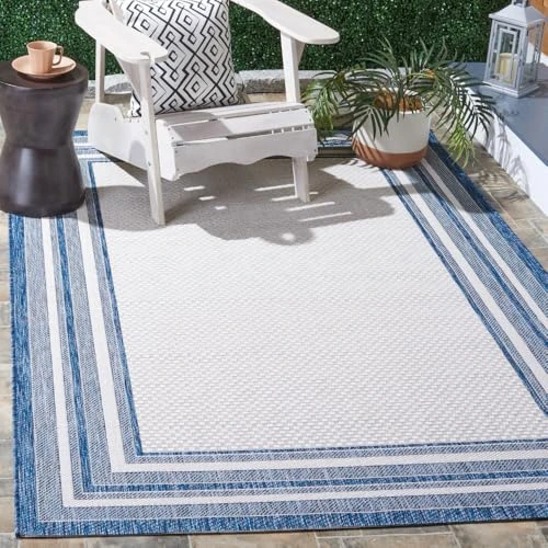 Safavieh Contemporary Rug for Living Room, Dining Room, Bedroom - Courtyard Collection, Short Pile, in Ivory and Navy, 160 X 231 cm