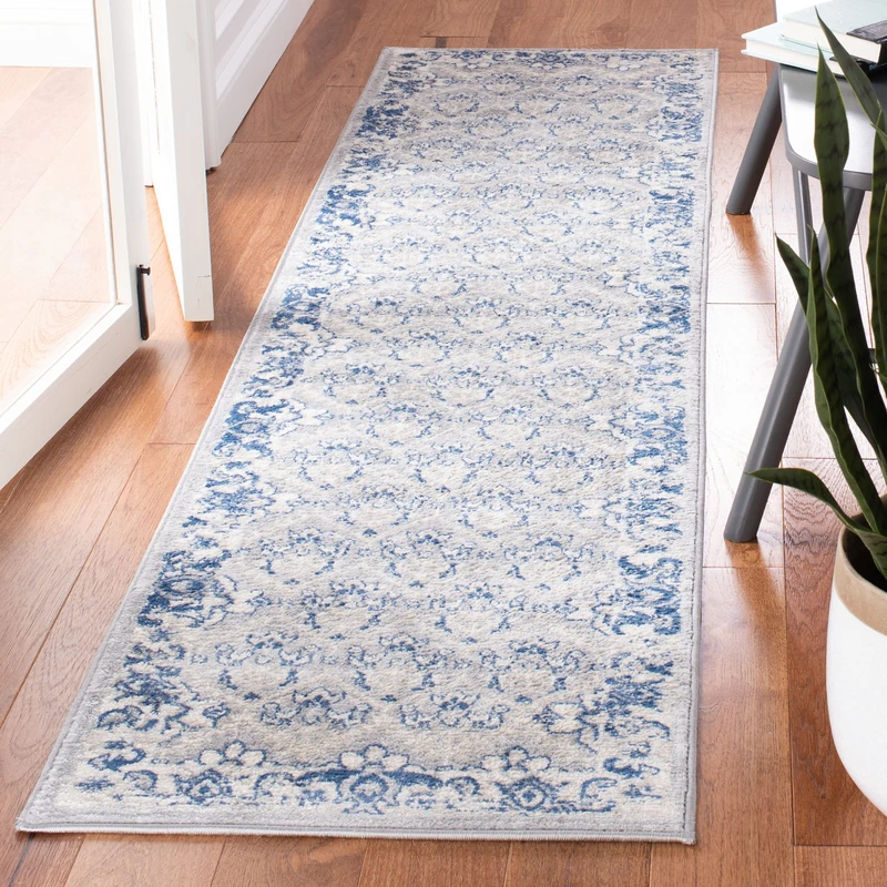 Safavieh Traditional Rug for Living Room, Dining Room, Bedroom - Brentwood Collection, Short Pile, in Grey and Blue, 61 X 244 cm