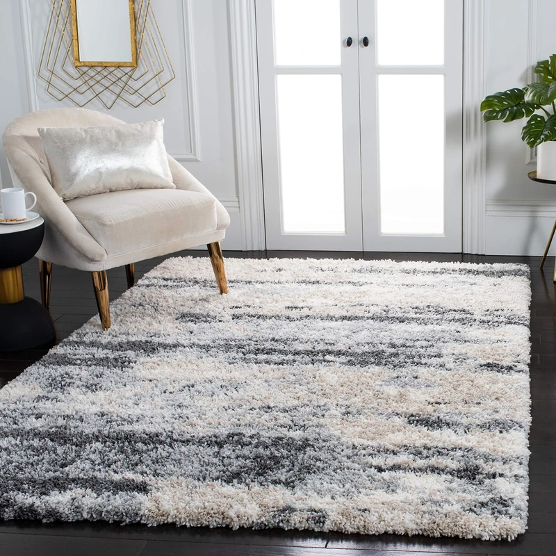 SAFAVIEH Shag Rug for Living Room, Dining Room, Bedroom - Fontana Shag Collection, Short Pile, in Grey and Ivory, 91 X 152 cm