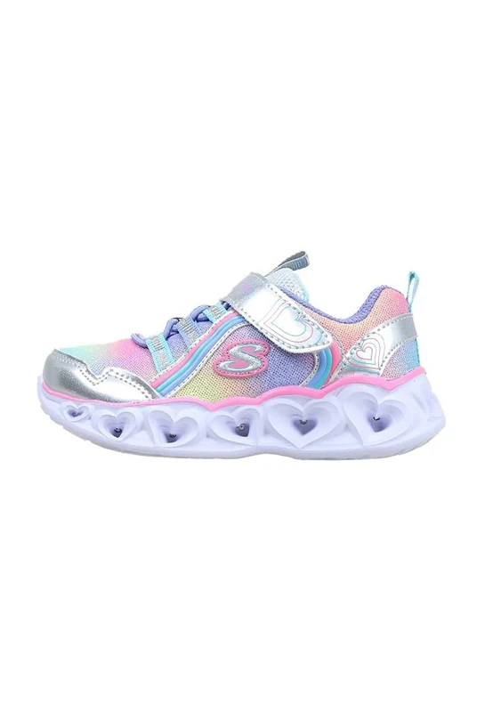 Skechers Girl's Heart Lights Rainbow Lux Sneaker, Silver Multi Sparkle Mesh Multi Trim, 12 UK