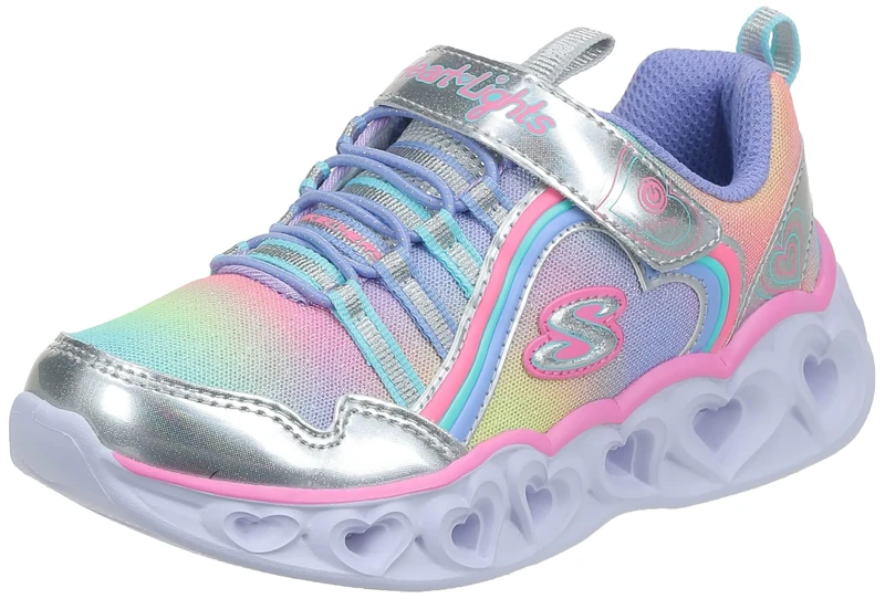 Skechers Girl's Heart Lights Rainbow Lux Sneakers, Silver Multi Sparkle Mesh Multi Trim, 11.5 UK Child