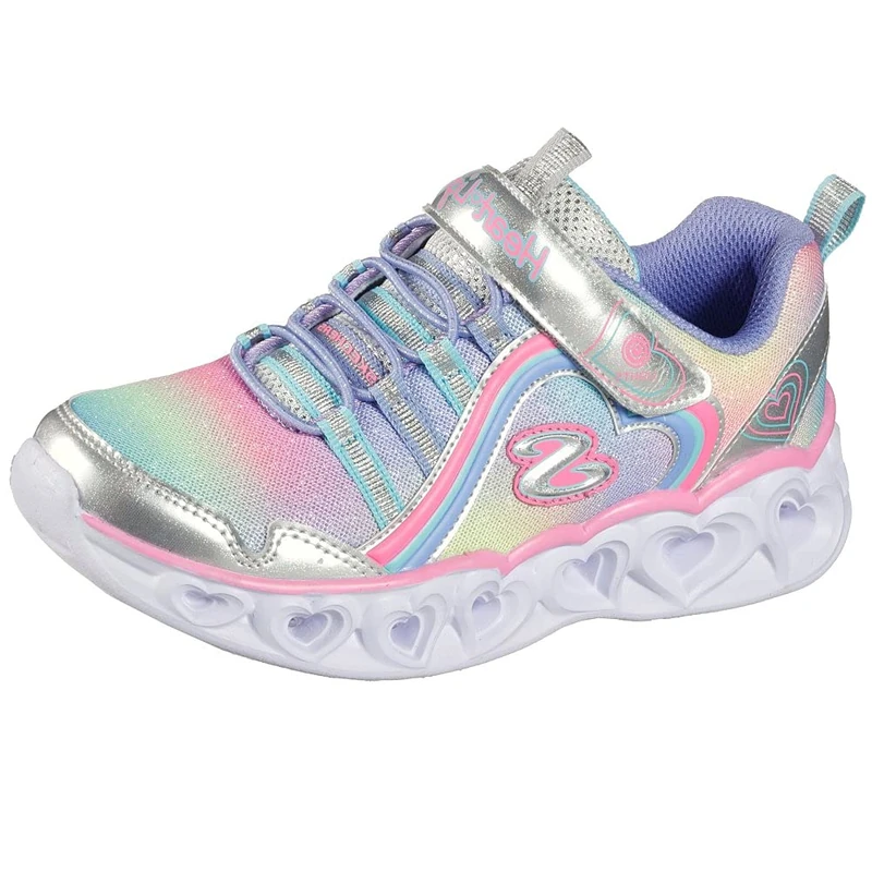 Skechers Girl's Heart Lights Rainbow Lux Sneakers, Silver Multi Sparkle Mesh Multi Trim, 13.5 UK Child