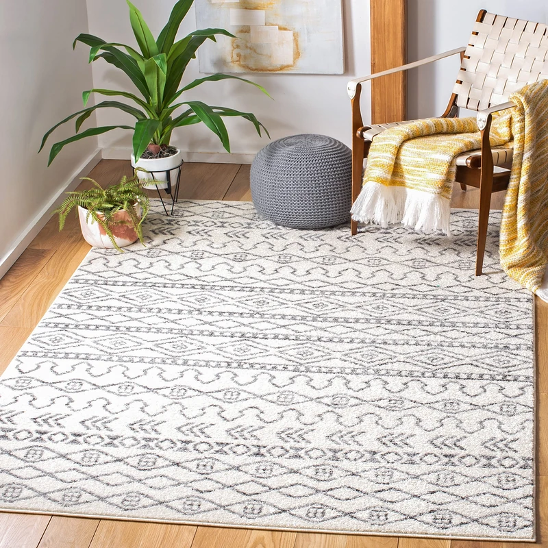 Safavieh Tulum Collection Bohemian Area Rug for Living Dining Room Bedroom Short Pile Ivory Grey 135x196cm