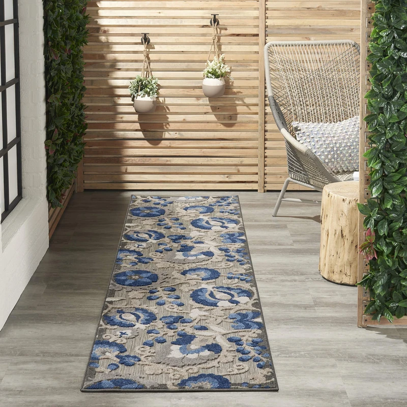 NOURISON Aloha Indoor/Outdoor Natural/Blue 2'3" x 12' Area -Rug, Easy -Cleaning, Non Shedding, Bed Room, Living Room, Dining Room, Deck, Backyard, Patio (2x12)