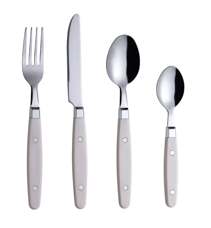 EXZACT Cutlery Set 24pcs Stainless Steel - with Rivet Craft Handles/Retro Style Flatware - 6 x Dinner Forks, 6 x DinnerKnives, 6 x Table Spoons, 6 x Tea Spoons -Serves 6 (Cream)