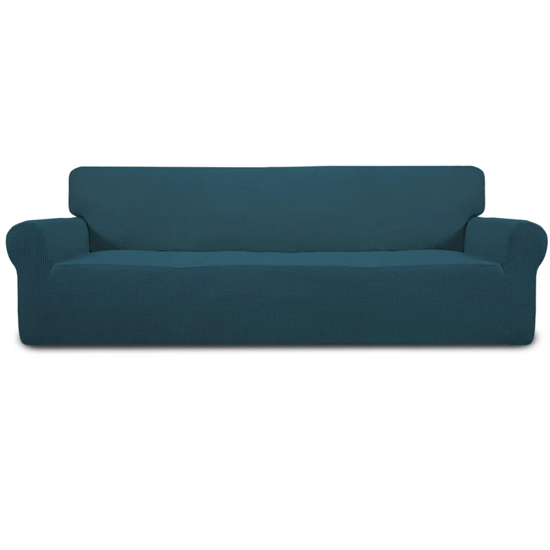 Easy-Going Stretch 4 Seater Sofa Slipcover 1-Piece Sofa Cover Furniture Protector Couch Soft with Elastic Bottom for Kids, Polyester Spandex Jacquard Fabric Small Checks Deep Teal