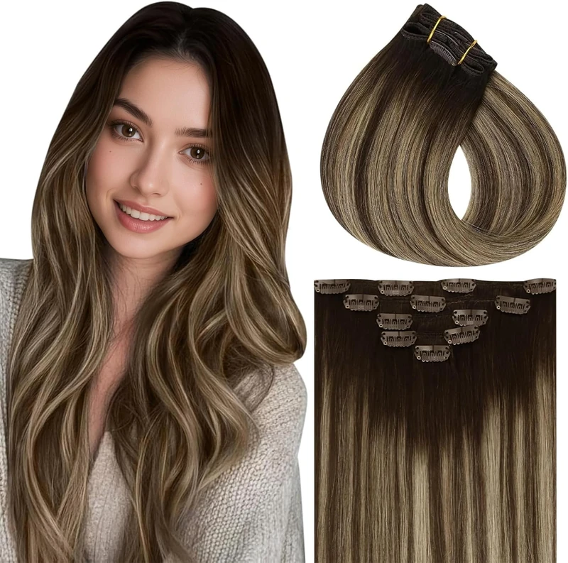 Vivien Clip in Hair Extensions Real Human Hair Brown Hair Extensions Clip in Balayage Brown Mixed Blonde Double Weft Human Hair Clip in Extensions Straight 12 Inch 70g 7 Pieces #4/27/4