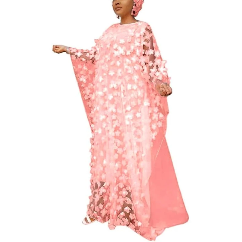 HD African Women Applique Flower Dress Boat Neck Chiffon Kaftan Dress One Size, Pink, One Size