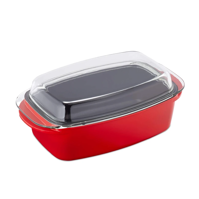 Relaxdays 10031497 Roaster with Lid, Non-Stick Coated, Casserole Dish, Cast Aluminium & Glass, Dishwasher Safe, Oven Tin, Red