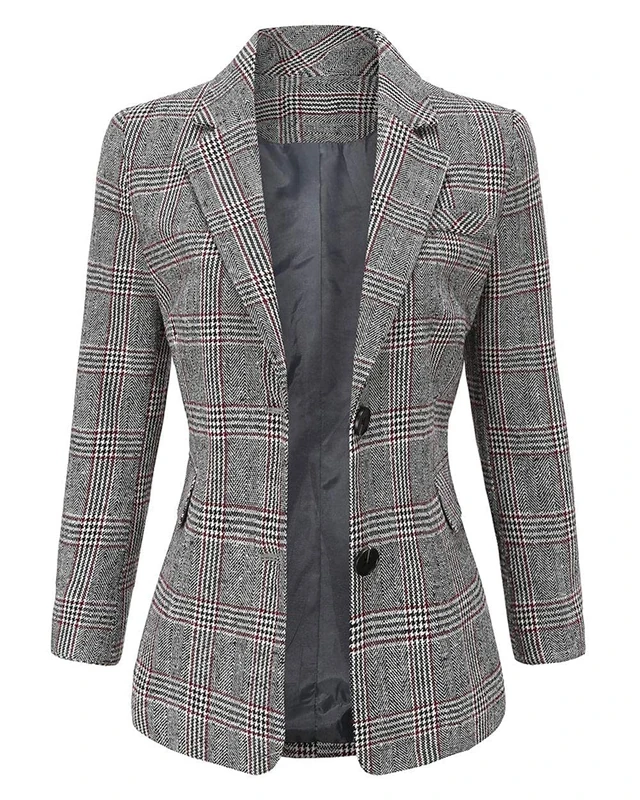 ebossy Women's Notch Lapel 2 Button Boyfriend Blazer Suit Houndstooth Plaid Jacket Coat, Grey, L