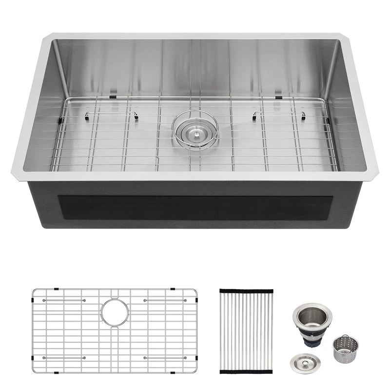 Logmey 33 Inch Undermount Kitchen Sink 33x19 Stainless Steel Sinks SUS304 16 Gauge Handmade Single Bowl Sinks with Round Corners 33x19x9