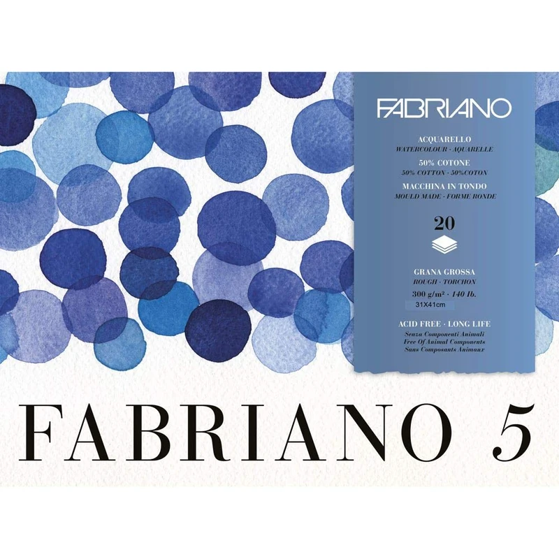 Fabriano Disegno 5" High-Quality Handmade Watercolour Cardboard, Natural White, Coarse Grain, 300 g/m2, 31 x 41 cm, 20 Sheets, Glued on 4 Sides and Chlorine and Acid