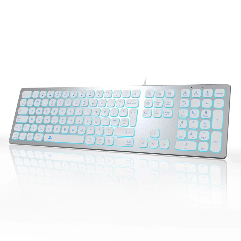B.FRIENDIT Aluminum Slim Backlit Keyboard Wired - UK Layout Compatible with Apple iMac, Macbook, Mac and PC, USB Keyboard Numeric Keypad RGB Backlit Key - Silver White