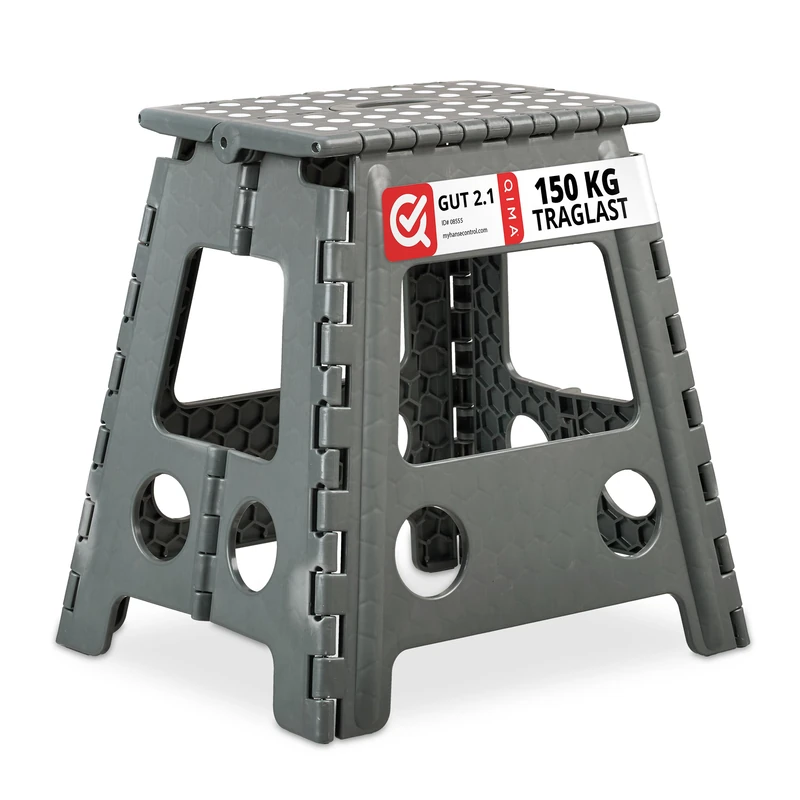 Relaxdays XL Folding Stool, Portable, Large Bathroom Step Stool, For up to 120 kg, Plastic, 39.5 cm Tall, Light Grey - Image 1