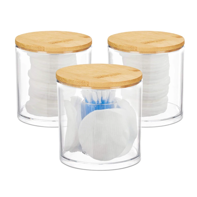 Relaxdays Cotton Swab Storage Container Set of 3, Pad Holder, Lidded, Easy-Care, Acrylic Organiser, Natural/Clear