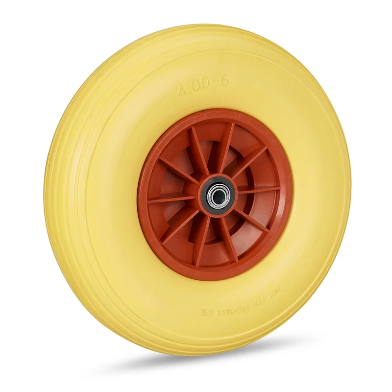 Relaxdays Wheelbarrow Wheel 4.00-6, Solid Rubber with Plastic Rim, 3 Adaptors, Flatproof Spare Tyre, 136 kg, Yellow-Red